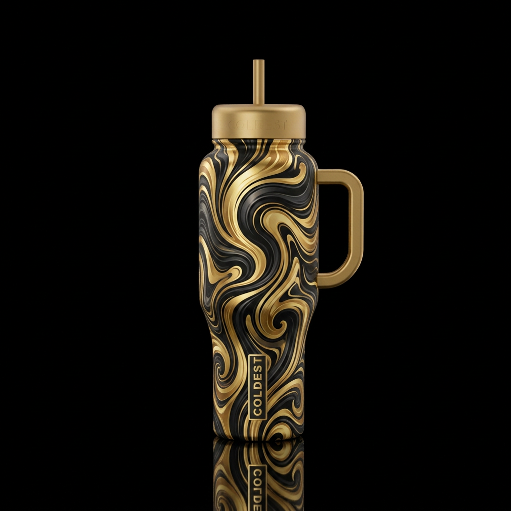 black , gold, swirls water bottle design