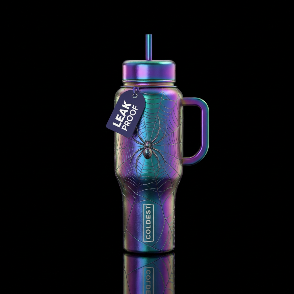 spider in web, irridescent water bottle design