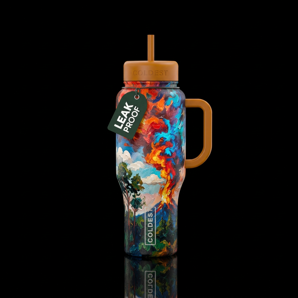 oil painted, trees, clouds, explosive water bottle design