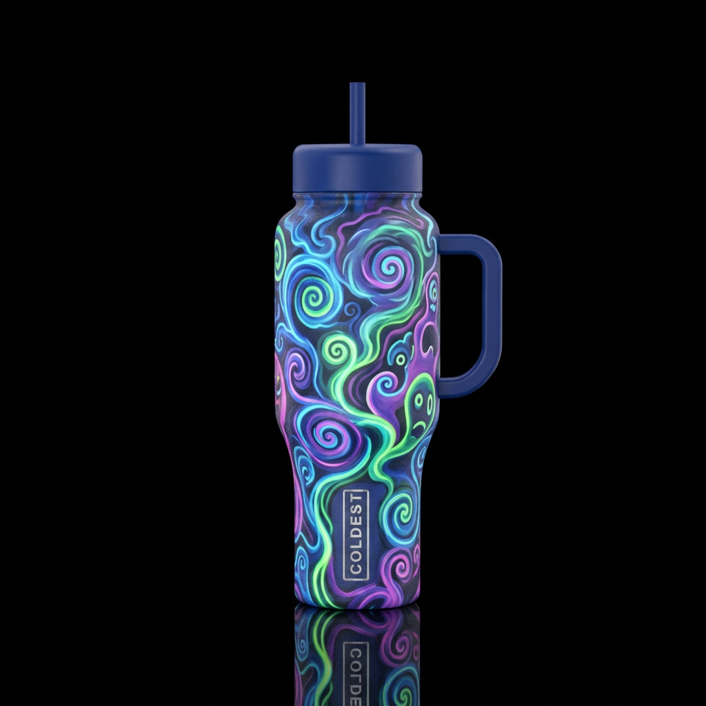 glowie, painted, swirls, smoke, spirals, funny water bottle design