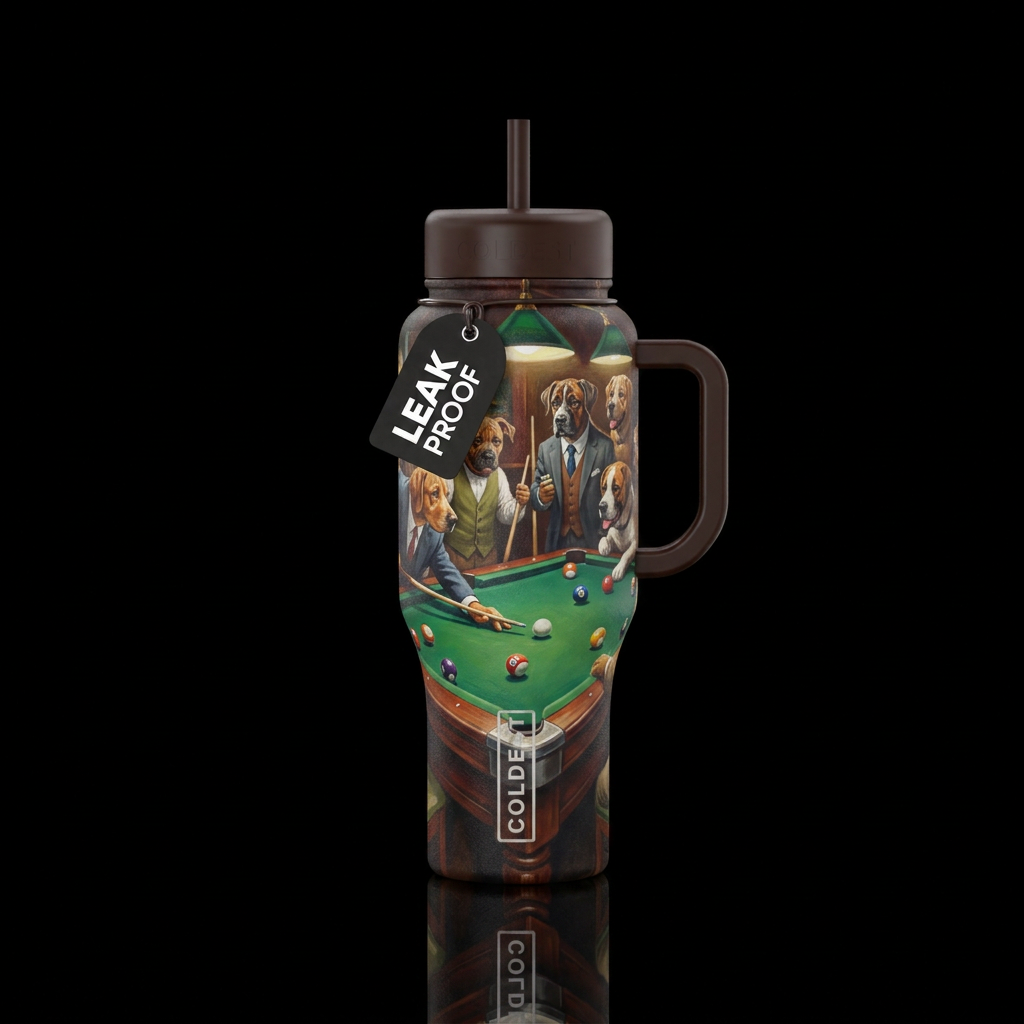 dogs shooting pool, painting water bottle design