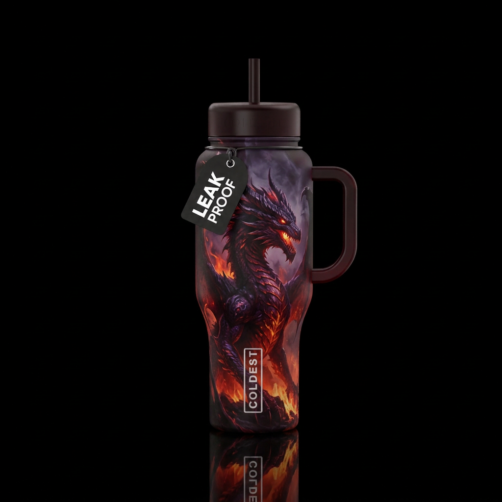 darkness, dragon, firery water bottle design