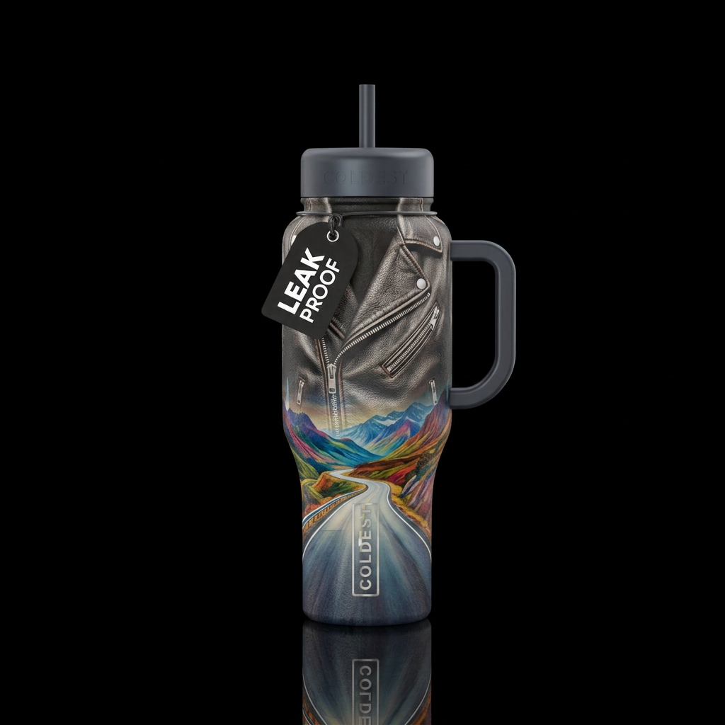 biker jacket, open road water bottle design
