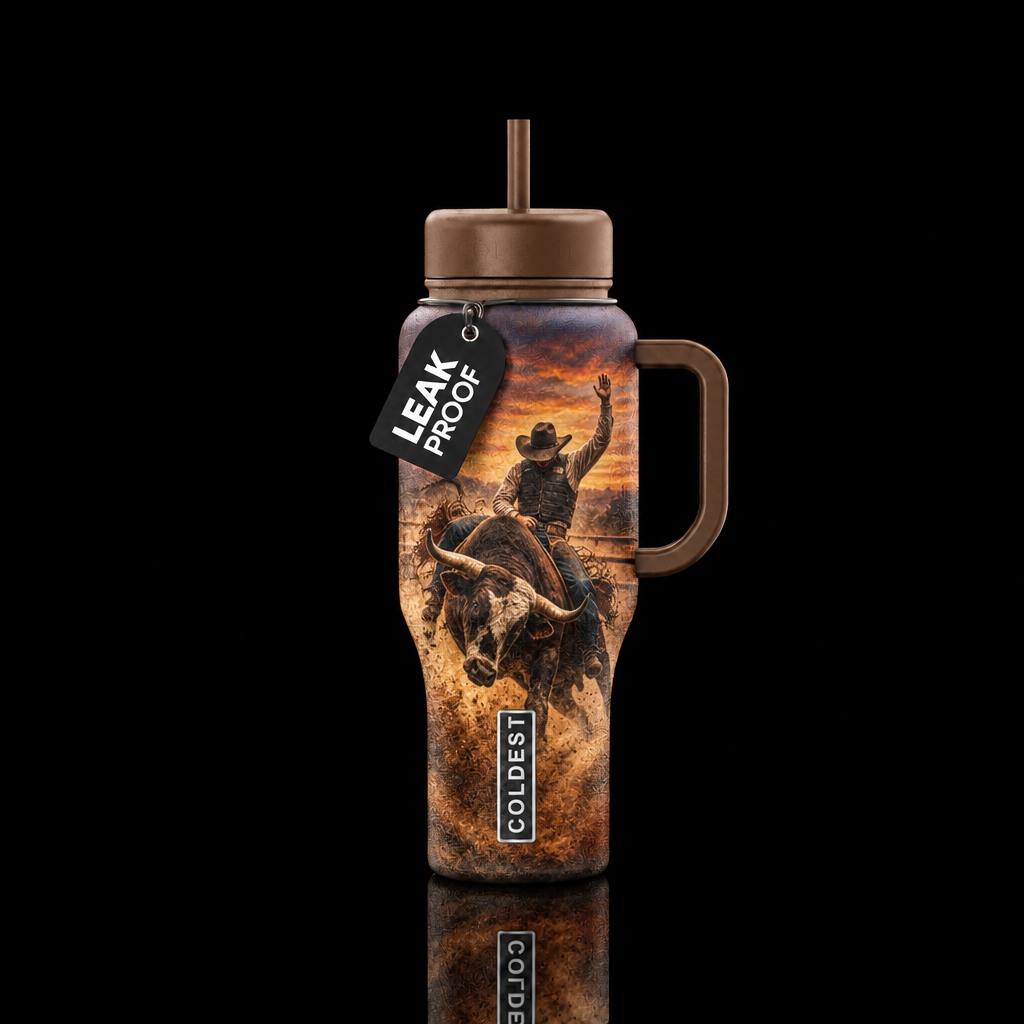 bull riding, rustic, painting water bottle design