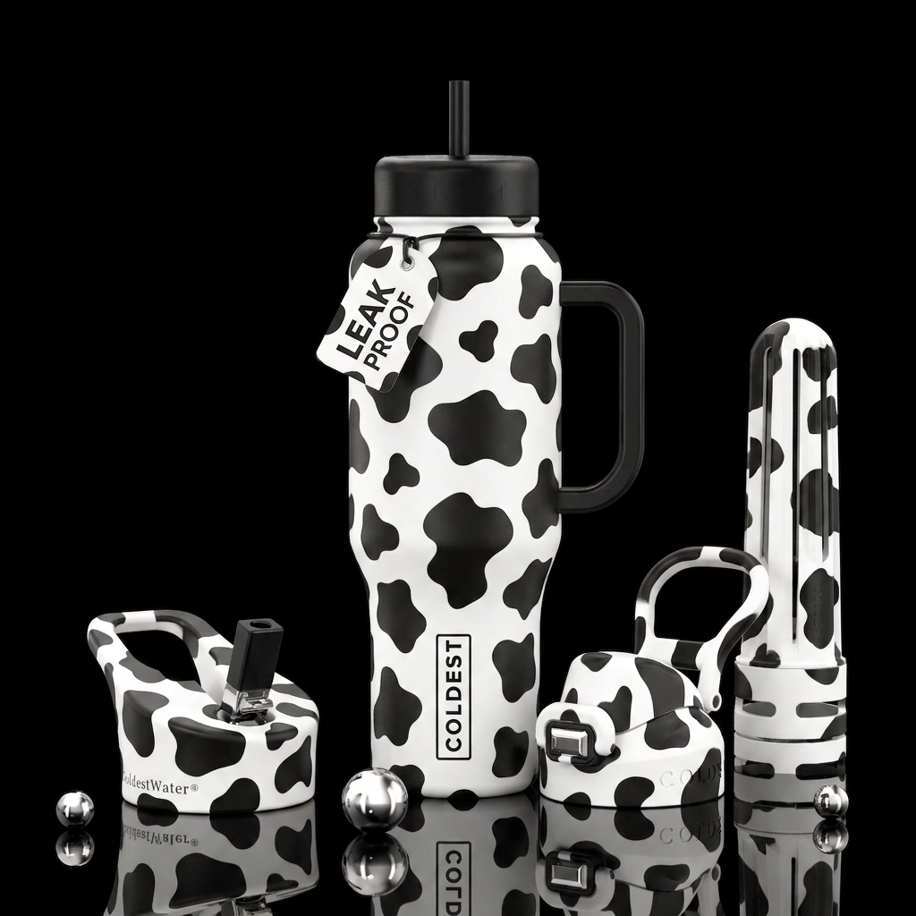 Black cow print water bottle design