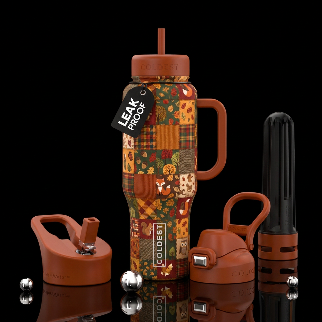 Autumn day patchwork water bottle design