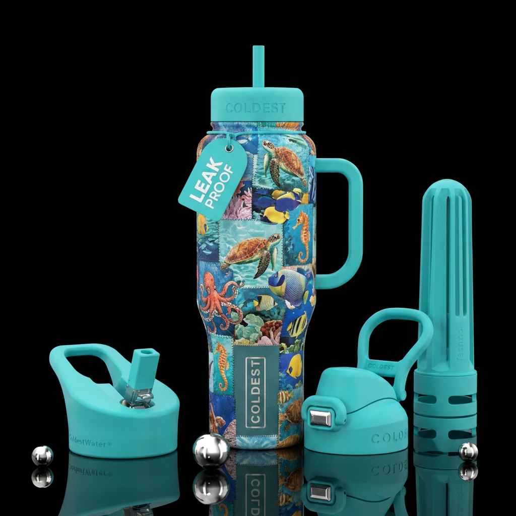 Ocean life patchwork water bottle design