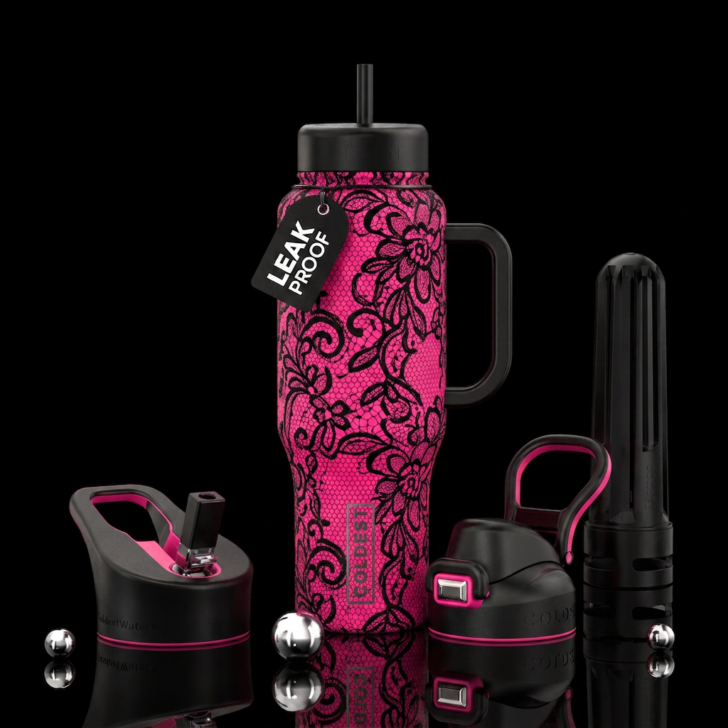 Hot pink, black lace water bottle design