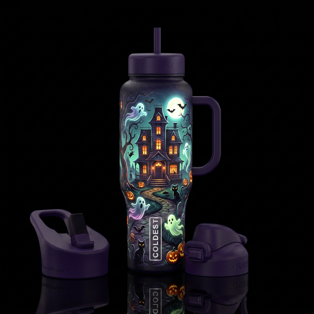 Haunted house,  halloween, ghost, glowie water bottle design