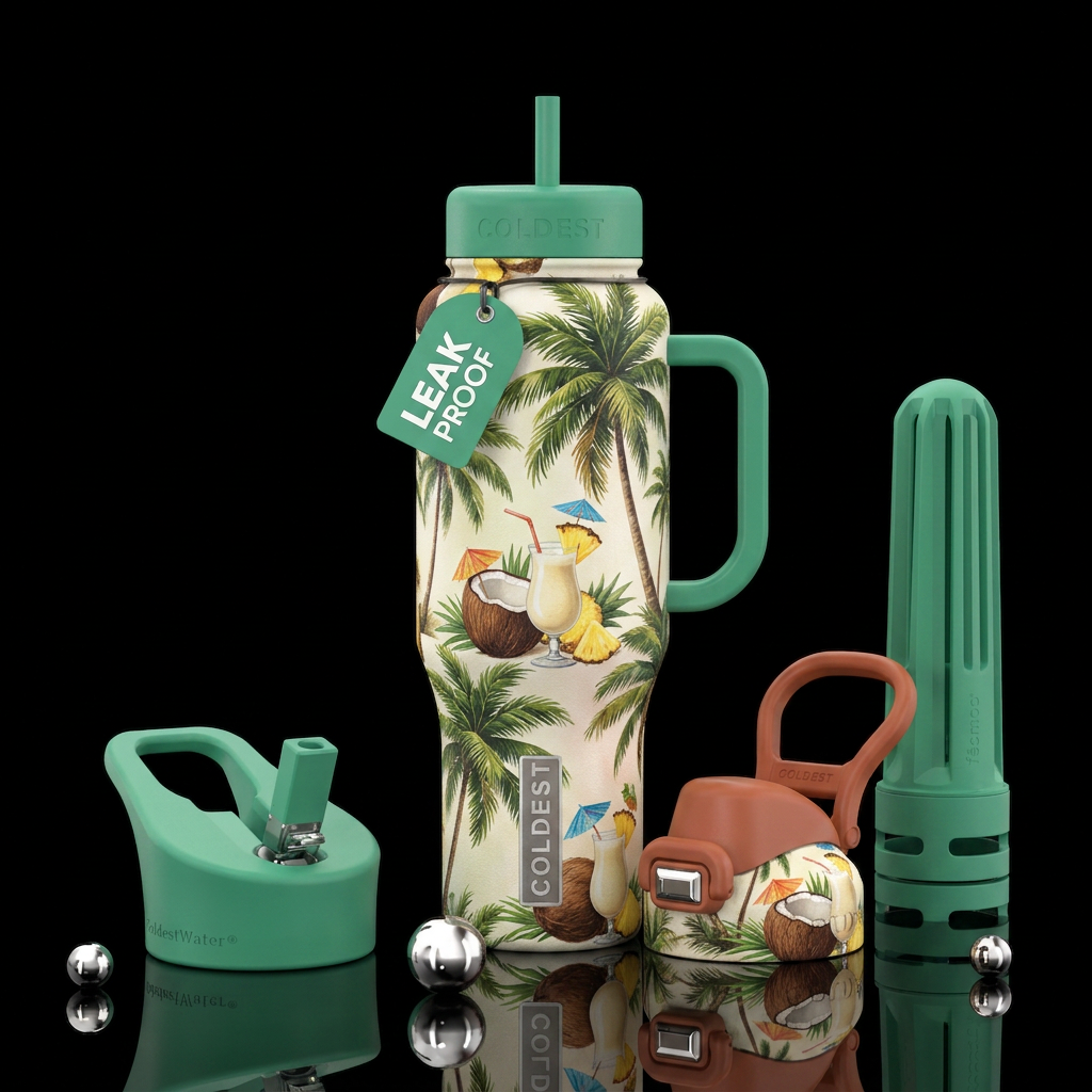 Palm trees, pina colada water bottle design