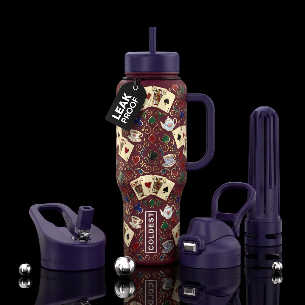 Playing cards, tea time, top hats water bottle design