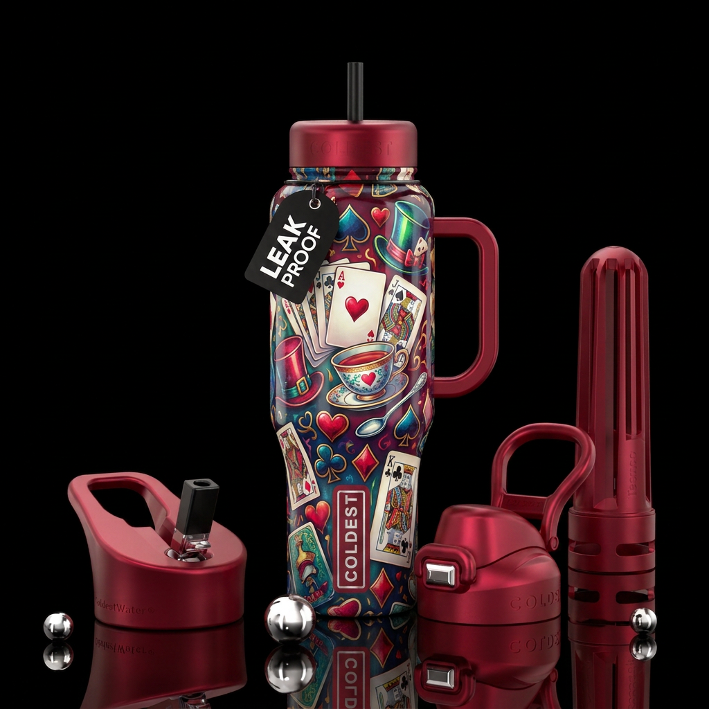 Playing cards, tea time, top hats water bottle design