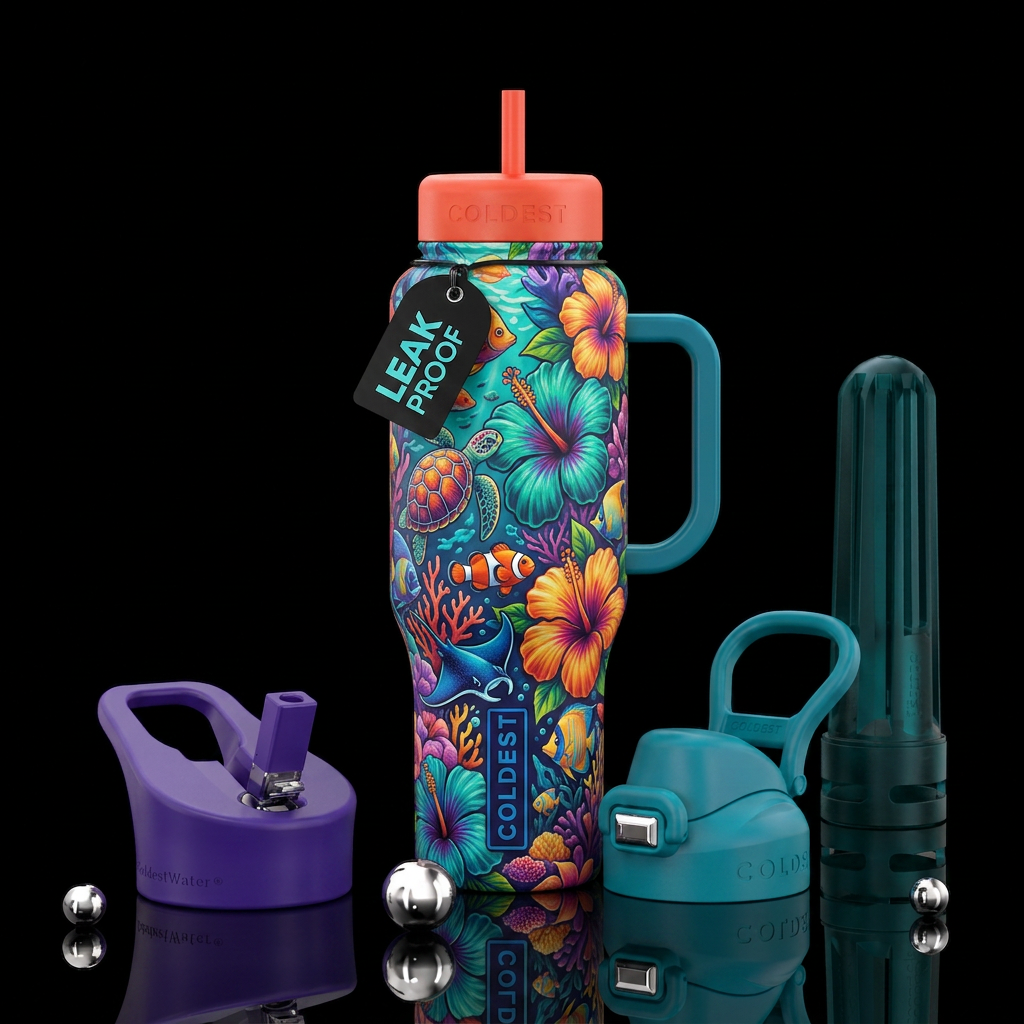 Ocean life, hibiscus flowers water bottle design