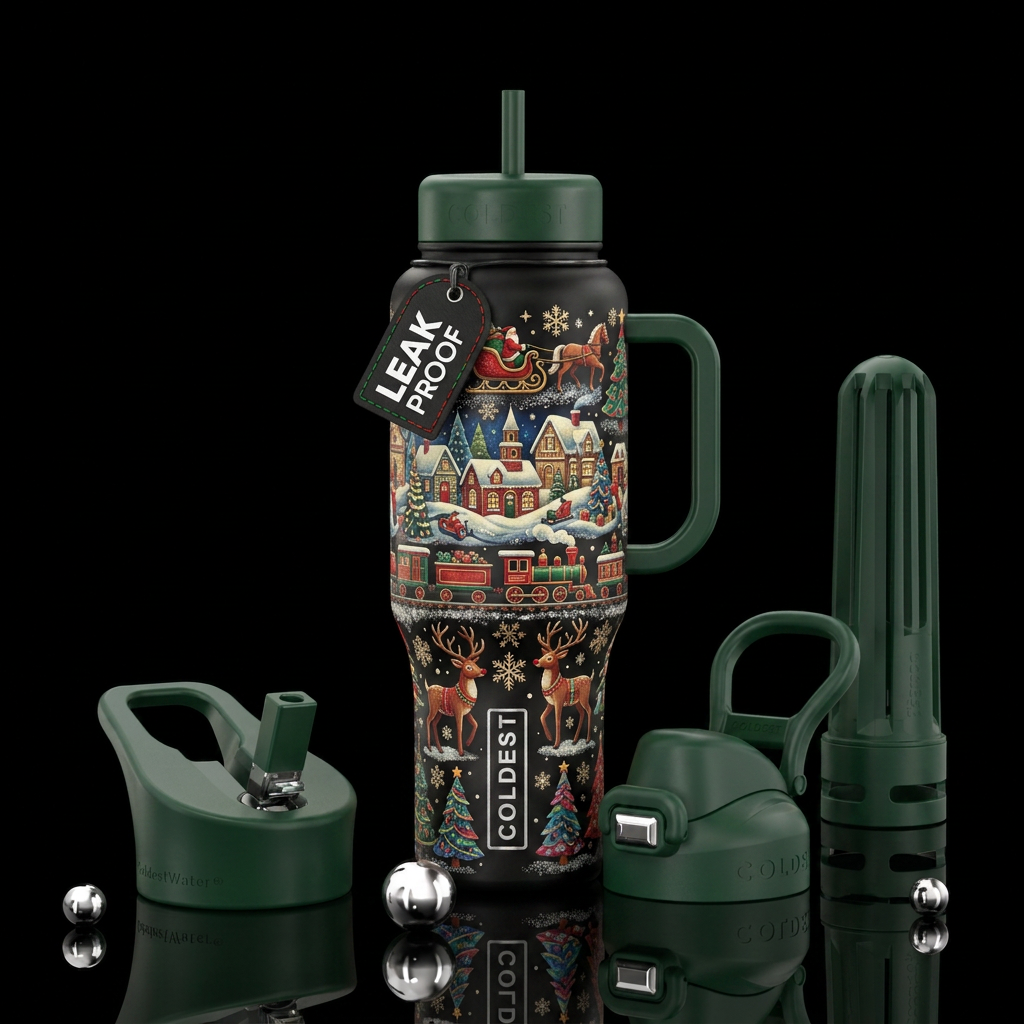 Christmas, snow, nostalgic, colorful water bottle design