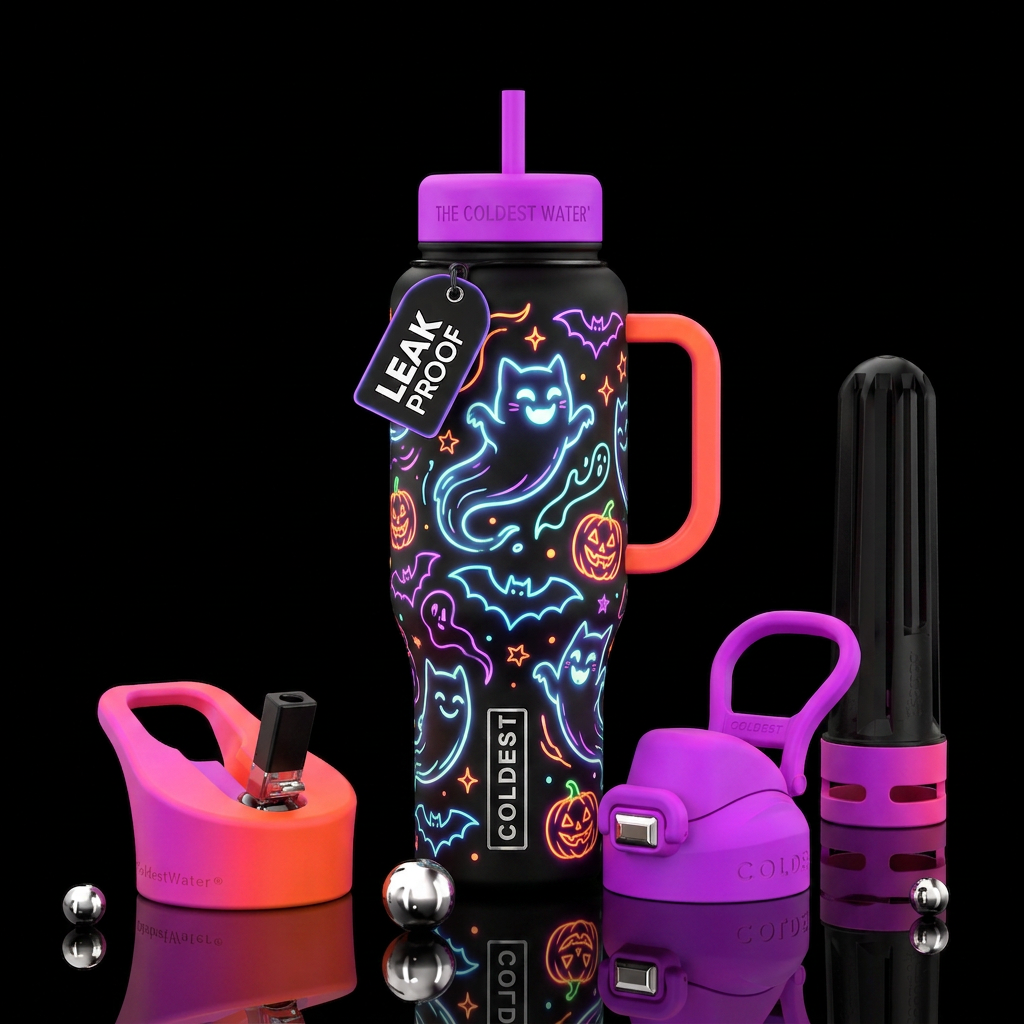 Halloween, cat ghost, neon water bottle design