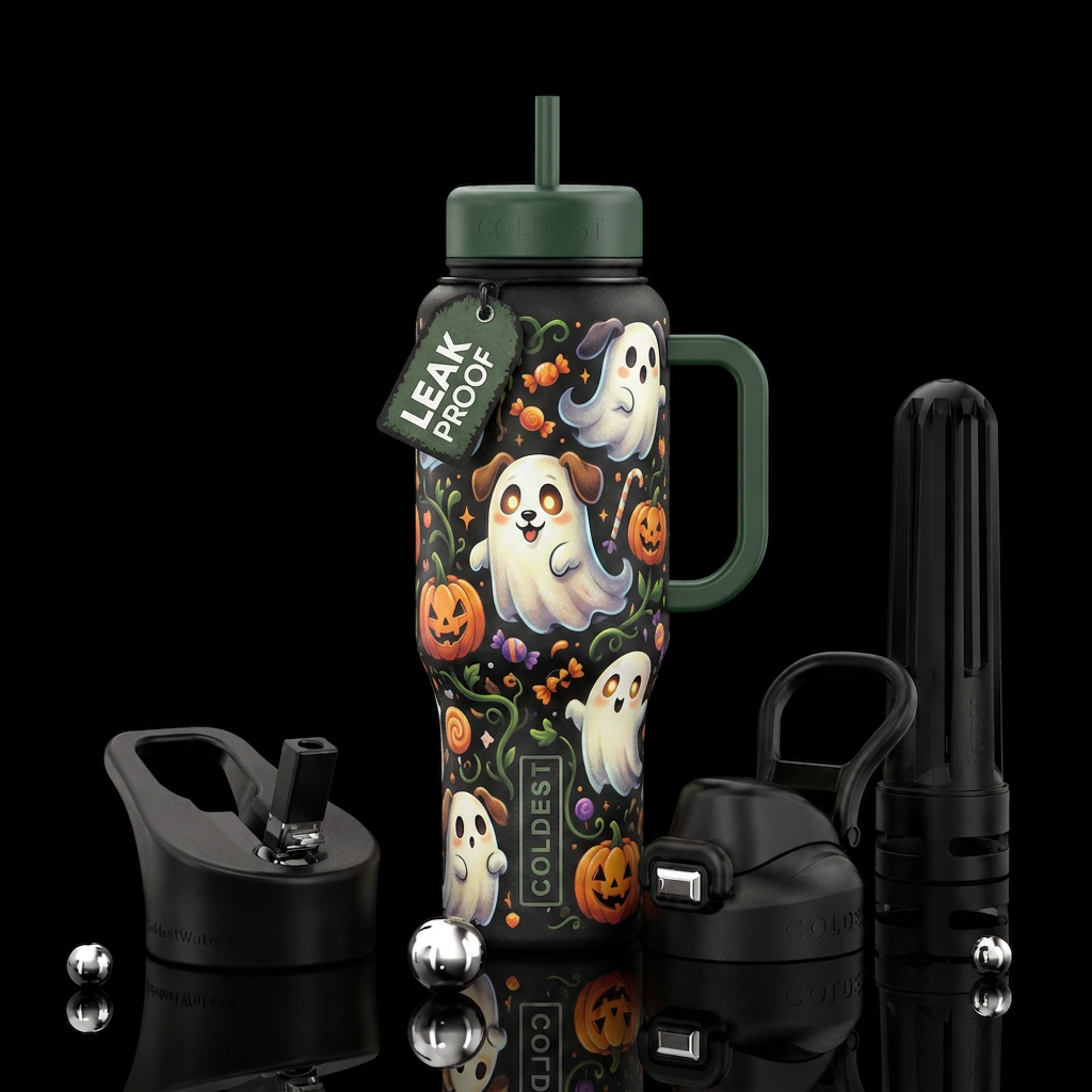 Halloween, dog ghost water bottle design