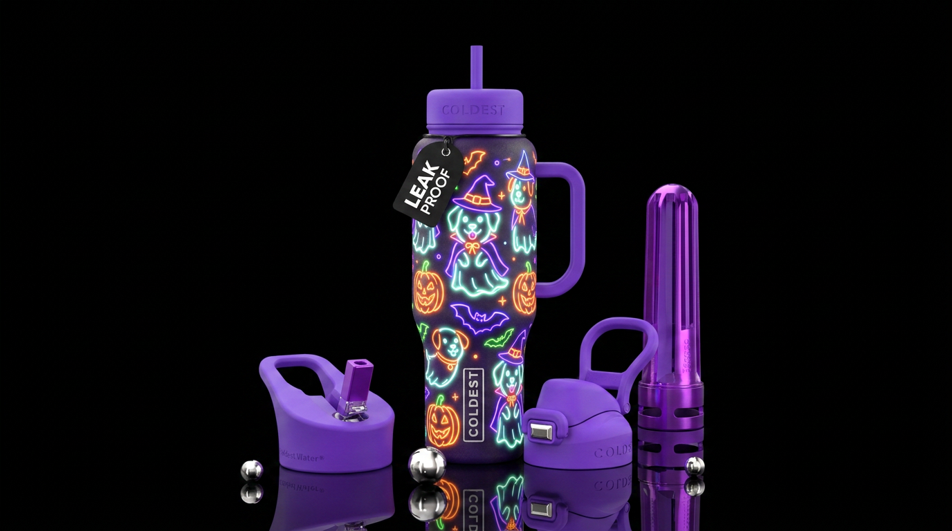 Halloween, dog ghost, neon water bottle design