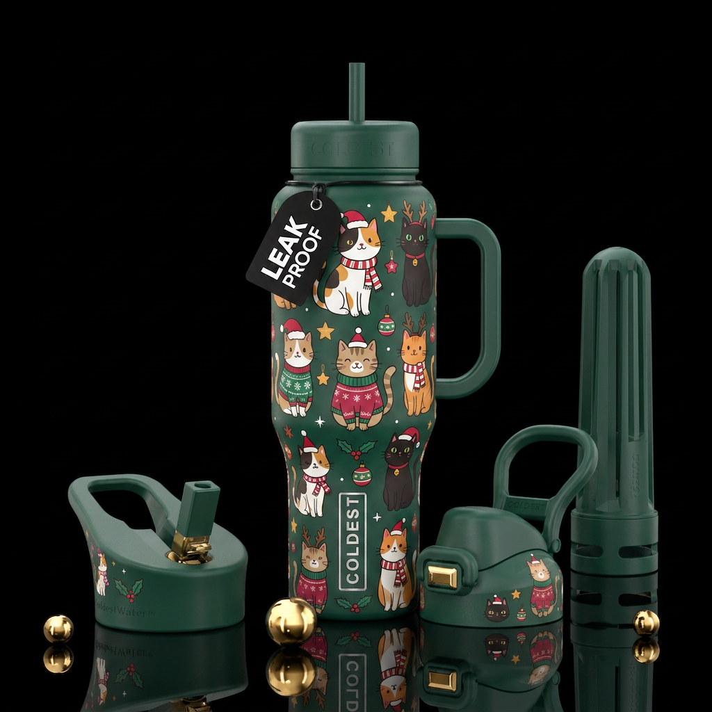 Christmas cats, cartoon water bottle design