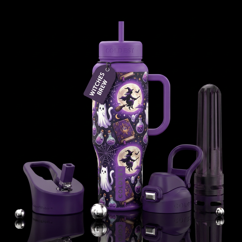 Halloween, witches, ghost cats water bottle design
