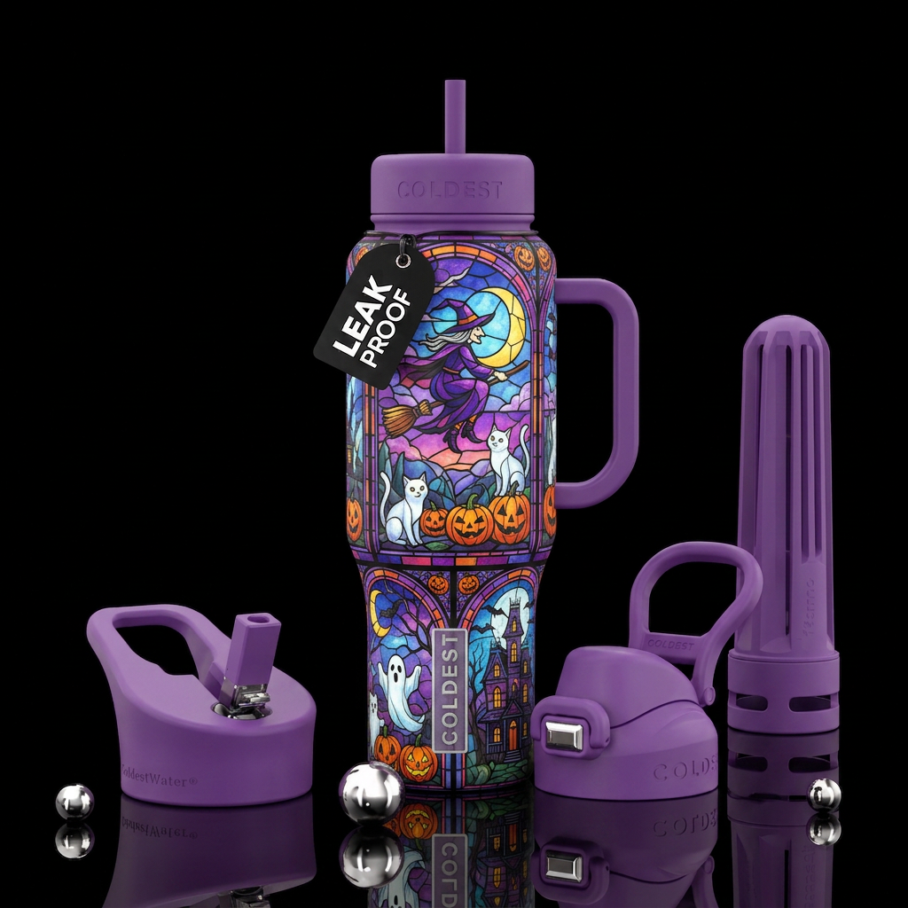 Halloween, witches, ghost cats, stained glass water bottle design