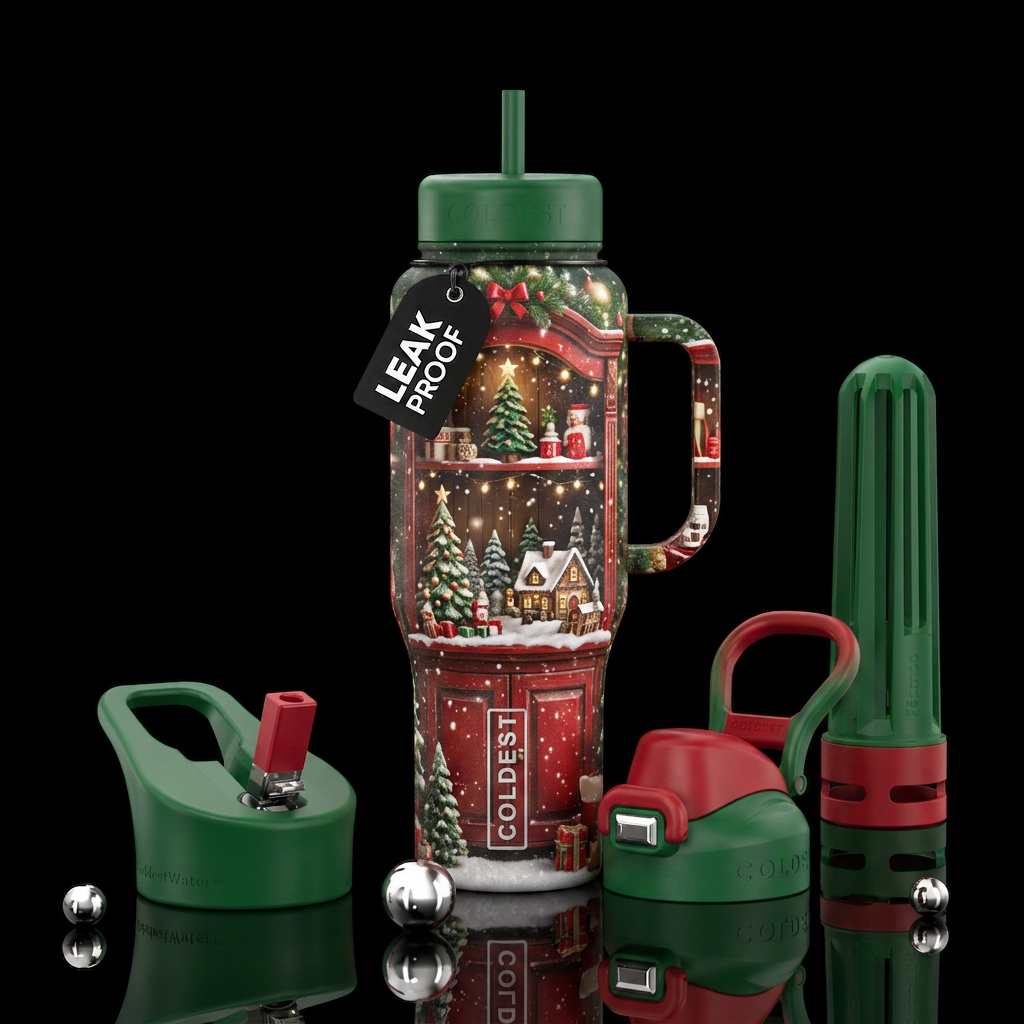 Cabinet, christmas,  snow, trees water bottle design