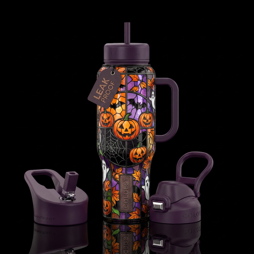 Stained glass, halloween water bottle design