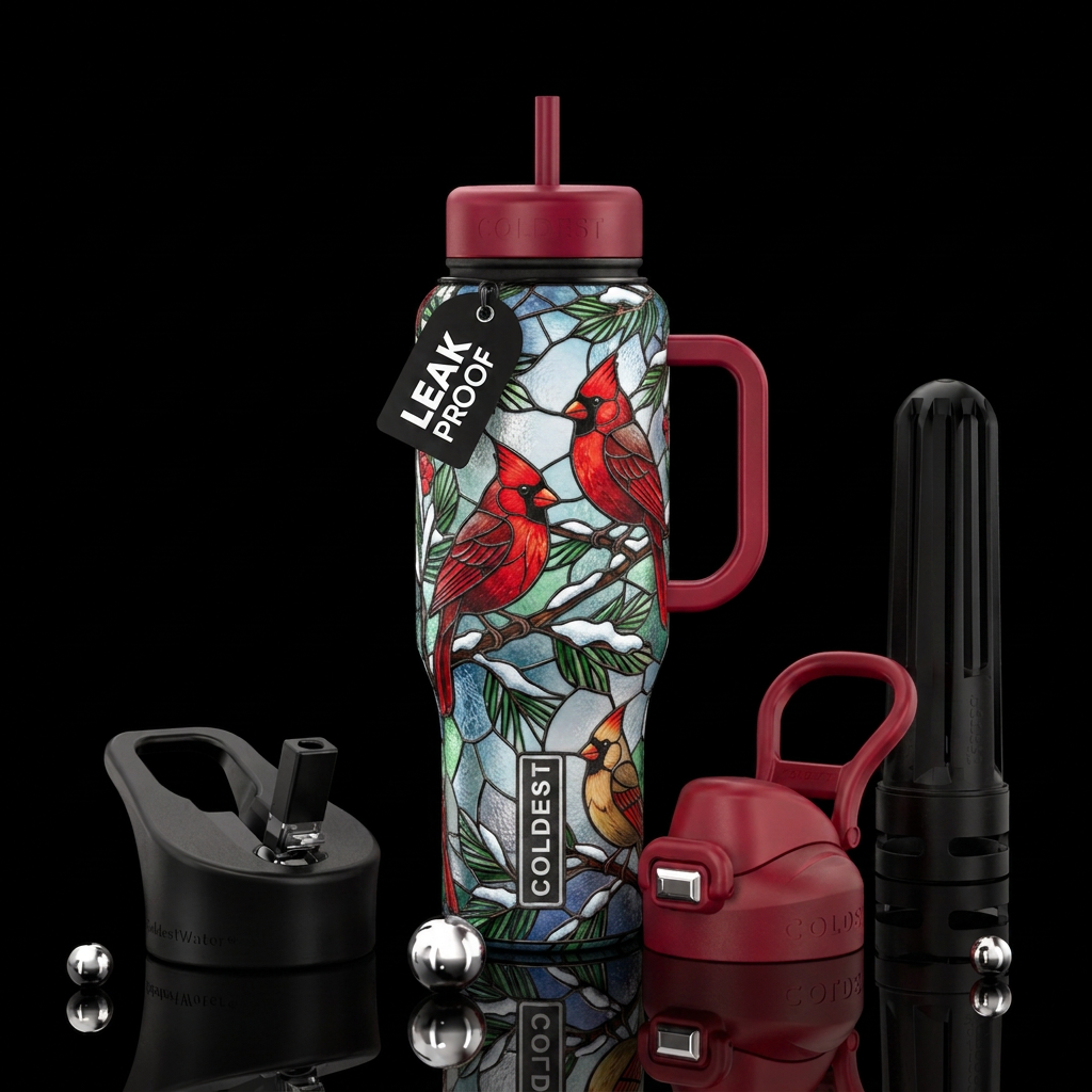 Cardinals, snow, winter, stained glass water bottle design
