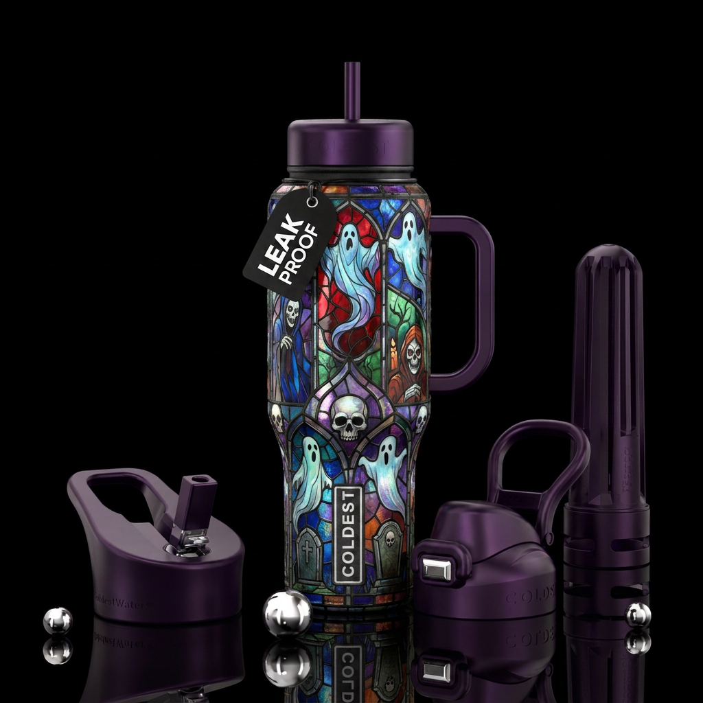 Ghost, haunted, stained glass water bottle design