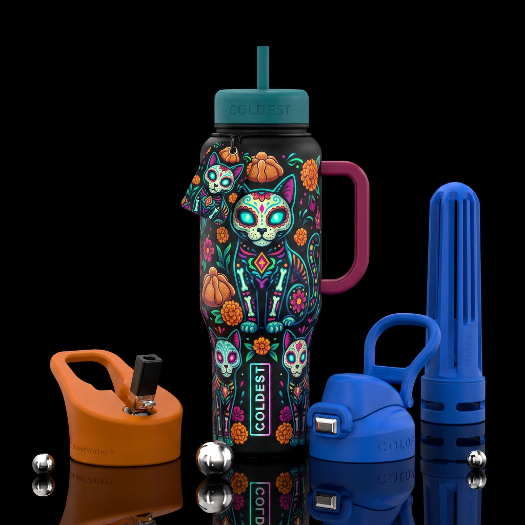 Day of the dead, cats, glowie water bottle design