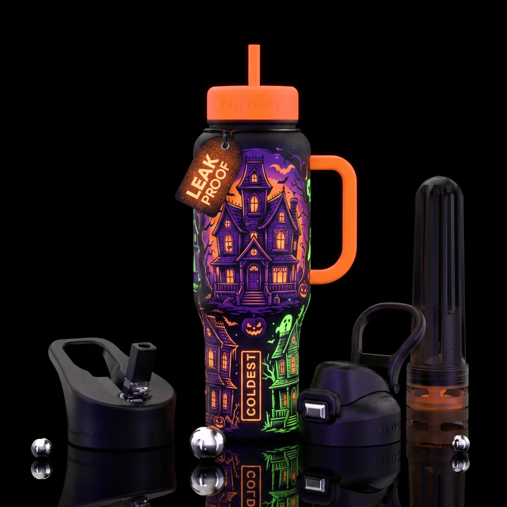 Haunted houses, halloween, glowie water bottle design