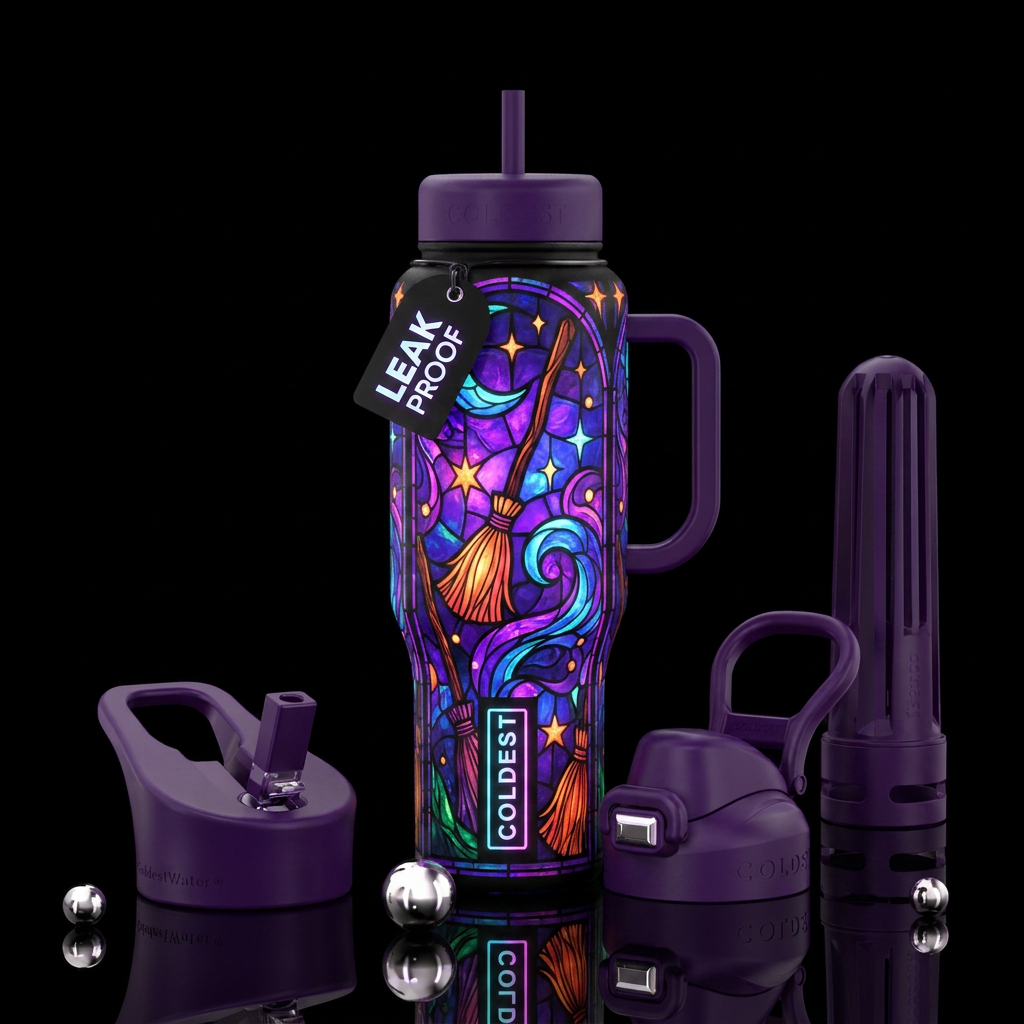 Neon colors, witches brooms, stained glass, dreamy water bottle design