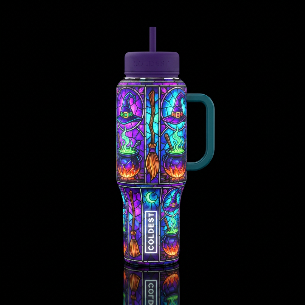 Neon colors, witches brooms, stained glass, dreamy... water bottle design
