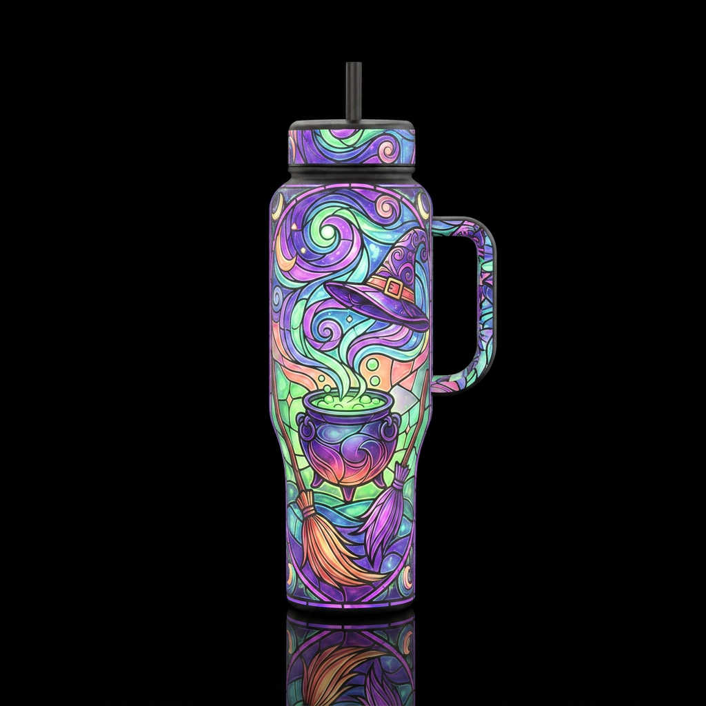 Neon colors, witches brooms, stained glass, dreamy... water bottle design