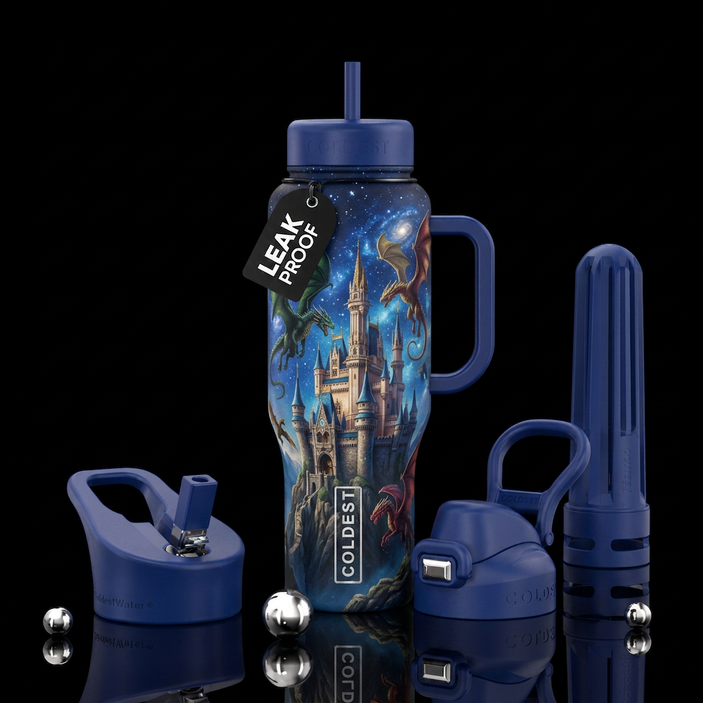 Castle, star lite night sky, dragons water bottle design