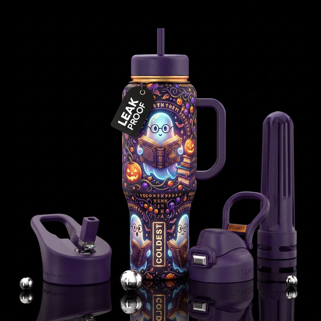 Ghost reading books, halloween water bottle design