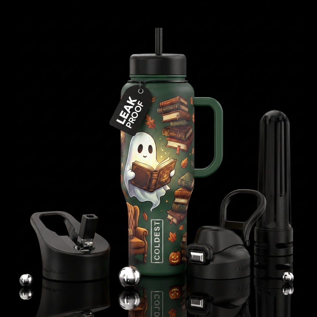 Ghost reading books, halloween water bottle design