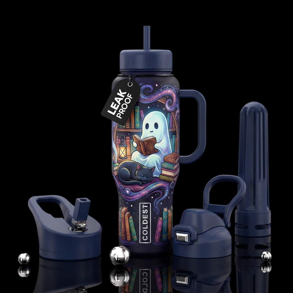 Ghost reading, black cat sleeping water bottle design