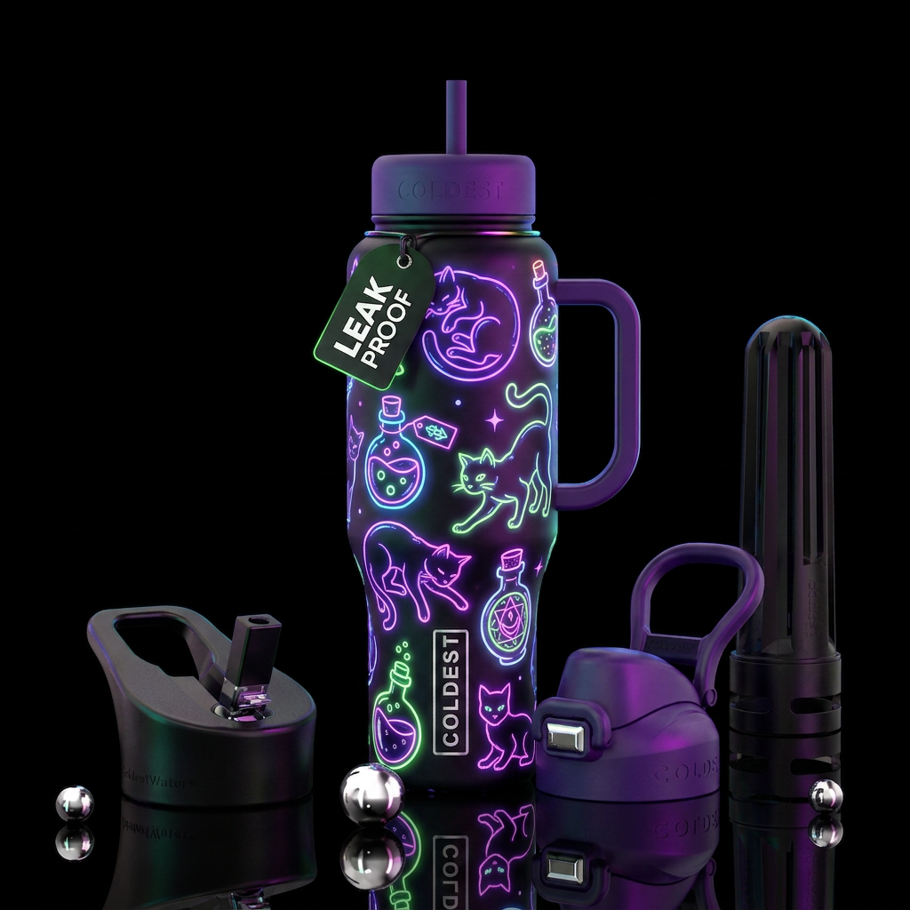Neon cats and potions, halloween water bottle design