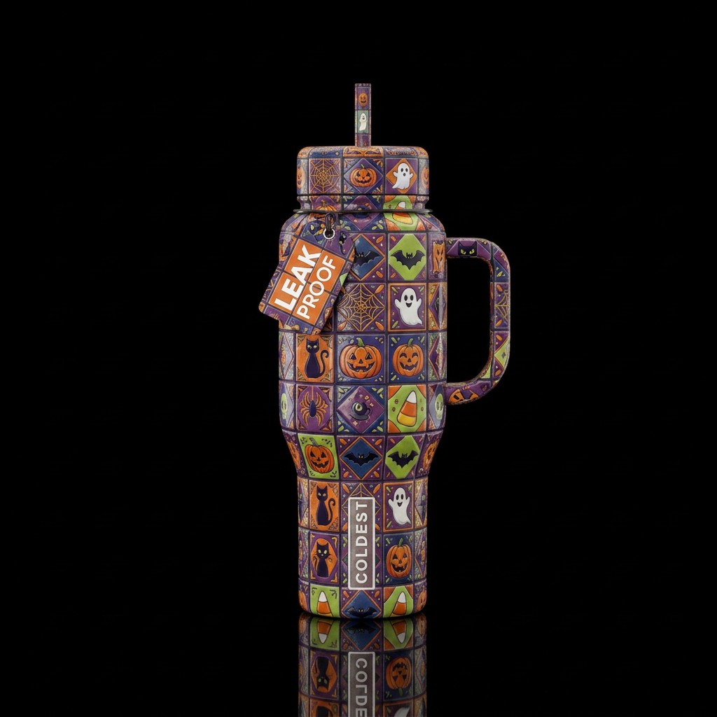 Halloween tile art water bottle design