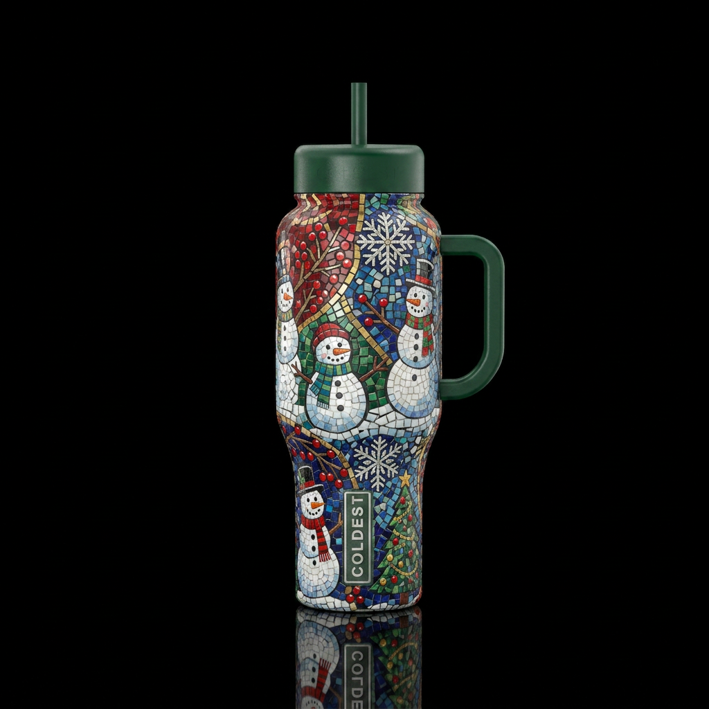 Christmas mosaic, snowmen, snowflakes water bottle design