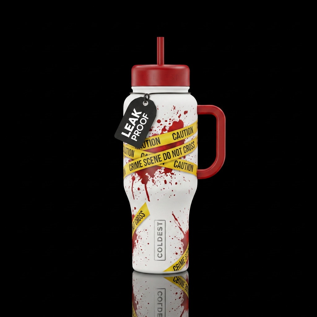 Blood splatter, caution tape, white bottle, red li... water bottle design