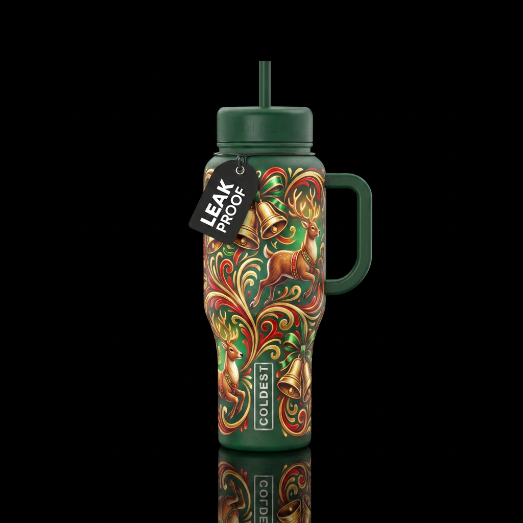 Christmas swirl, reindeer, jingle bells water bottle design