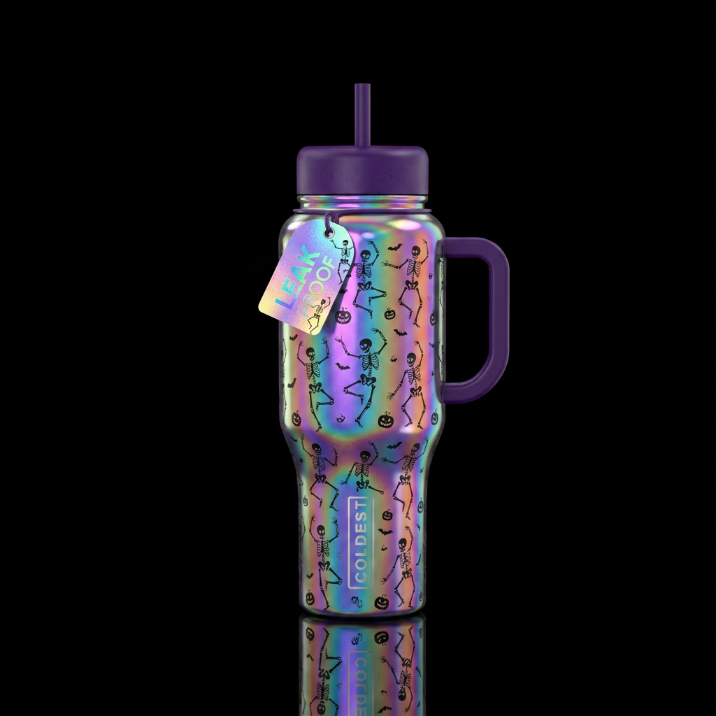 Holographic skeletons dancing, halloween water bottle design
