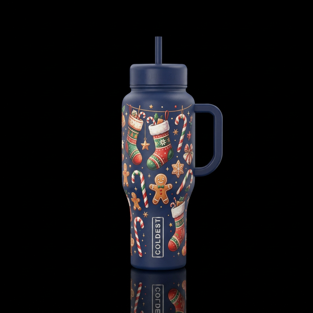 Navy blue bottle,  Christmas stocking,  can't cane... water bottle design