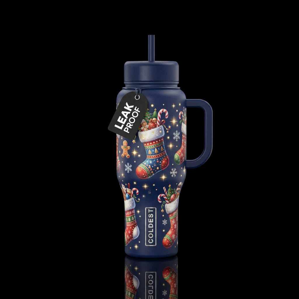 Navy blue bottle,  Christmas stocking,  can't cane... water bottle design