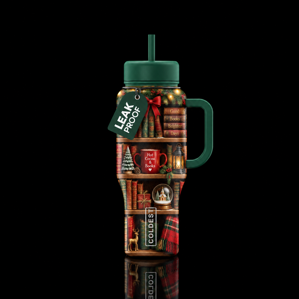Christmas bookshelf water bottle design