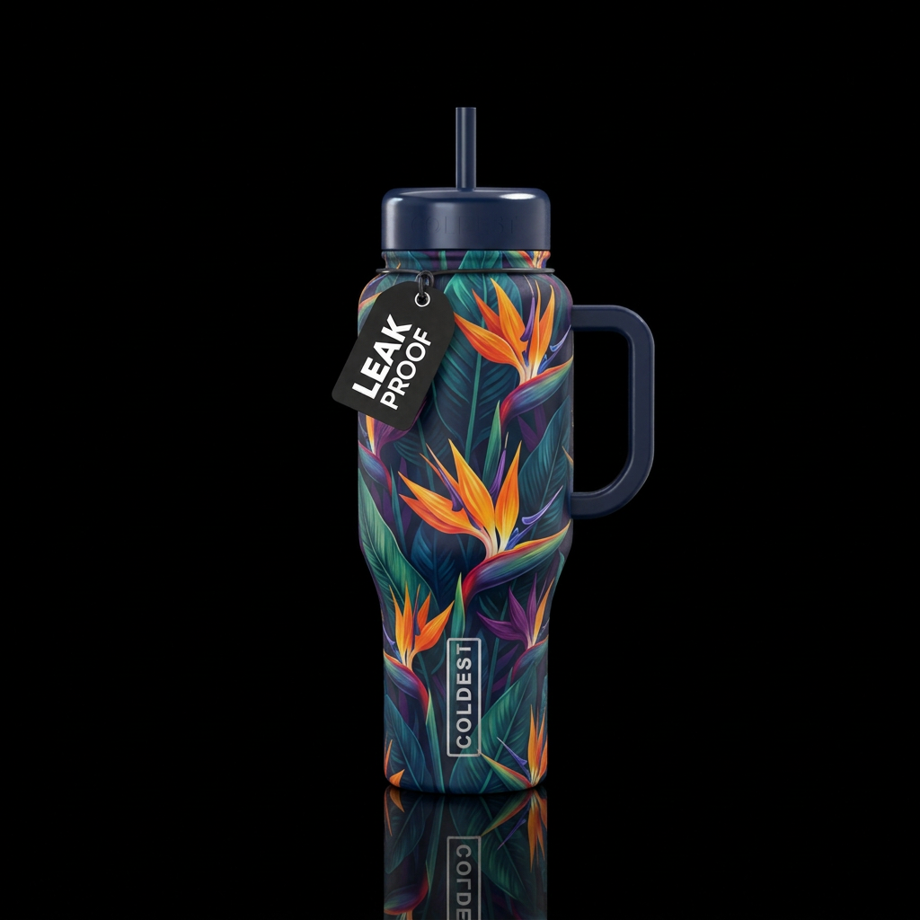 Birds of paradise with bright colors and deep colo... water bottle design