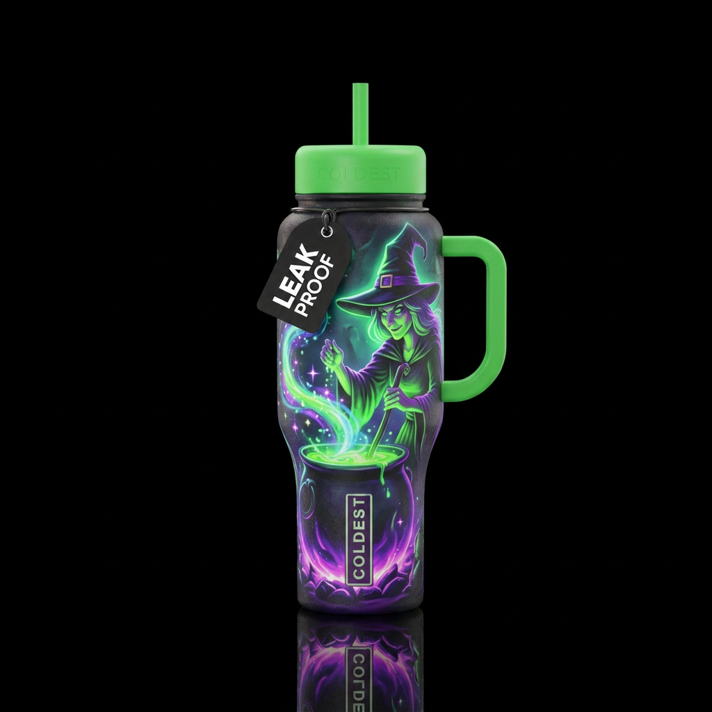 Glowing Witch stirring cauldron with magical potio... water bottle design
