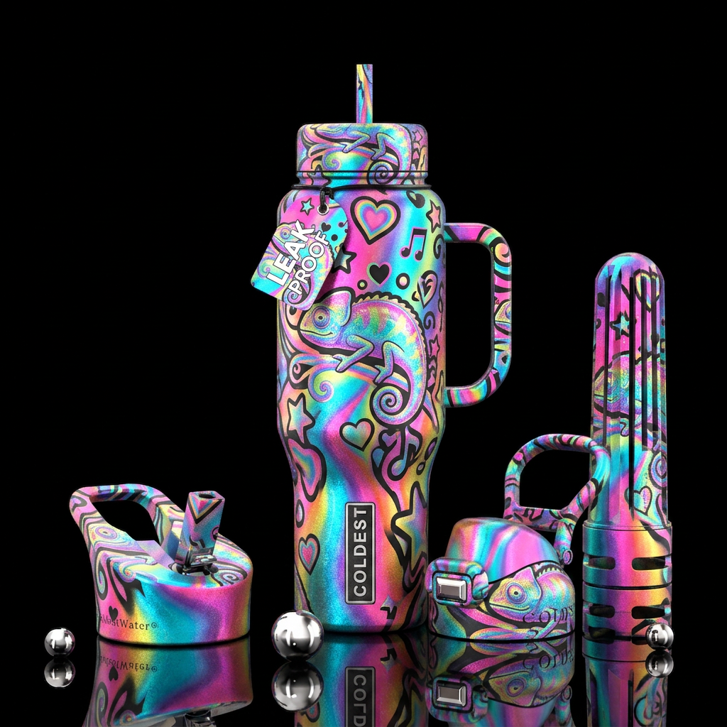 rainbow chameleon water bottle design