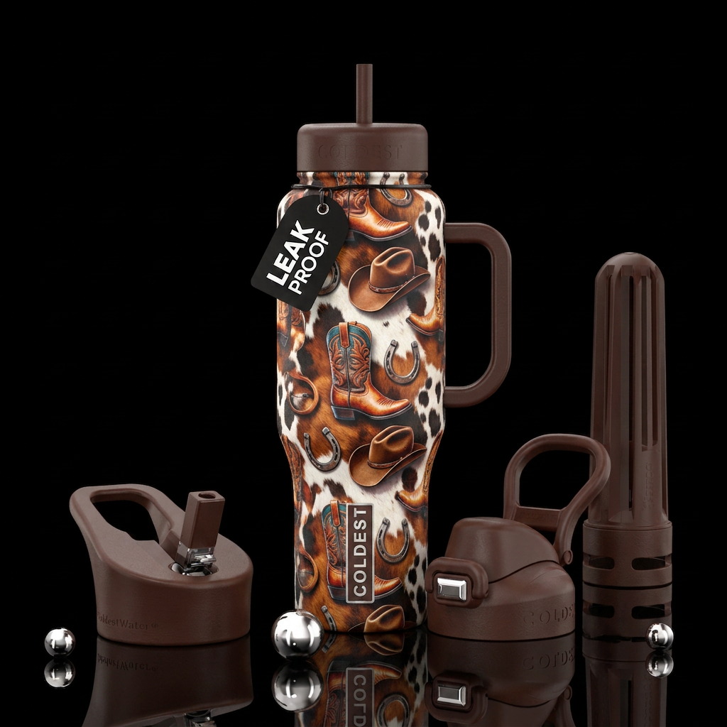 Cowboy hats, cowboy boots, cow print and horseshoe... water bottle design